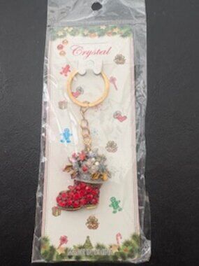 Christmas stocking key chain-Gold tone-Red & clear  rhinestones